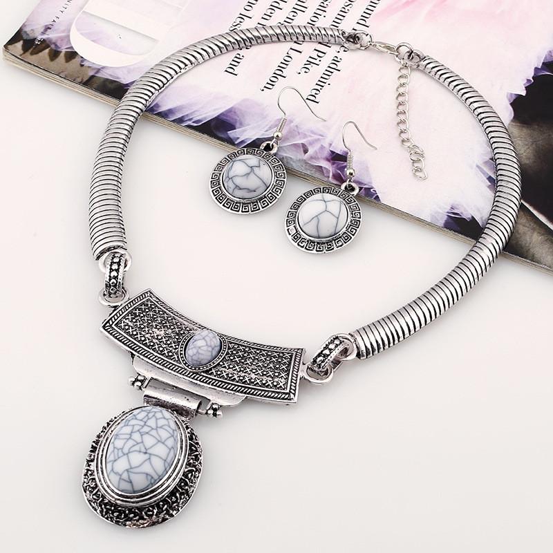 Etnisk Stil Simulering Ädelstensprydnad Dam Halsband och Örhänge Set För Män och Kvinnor