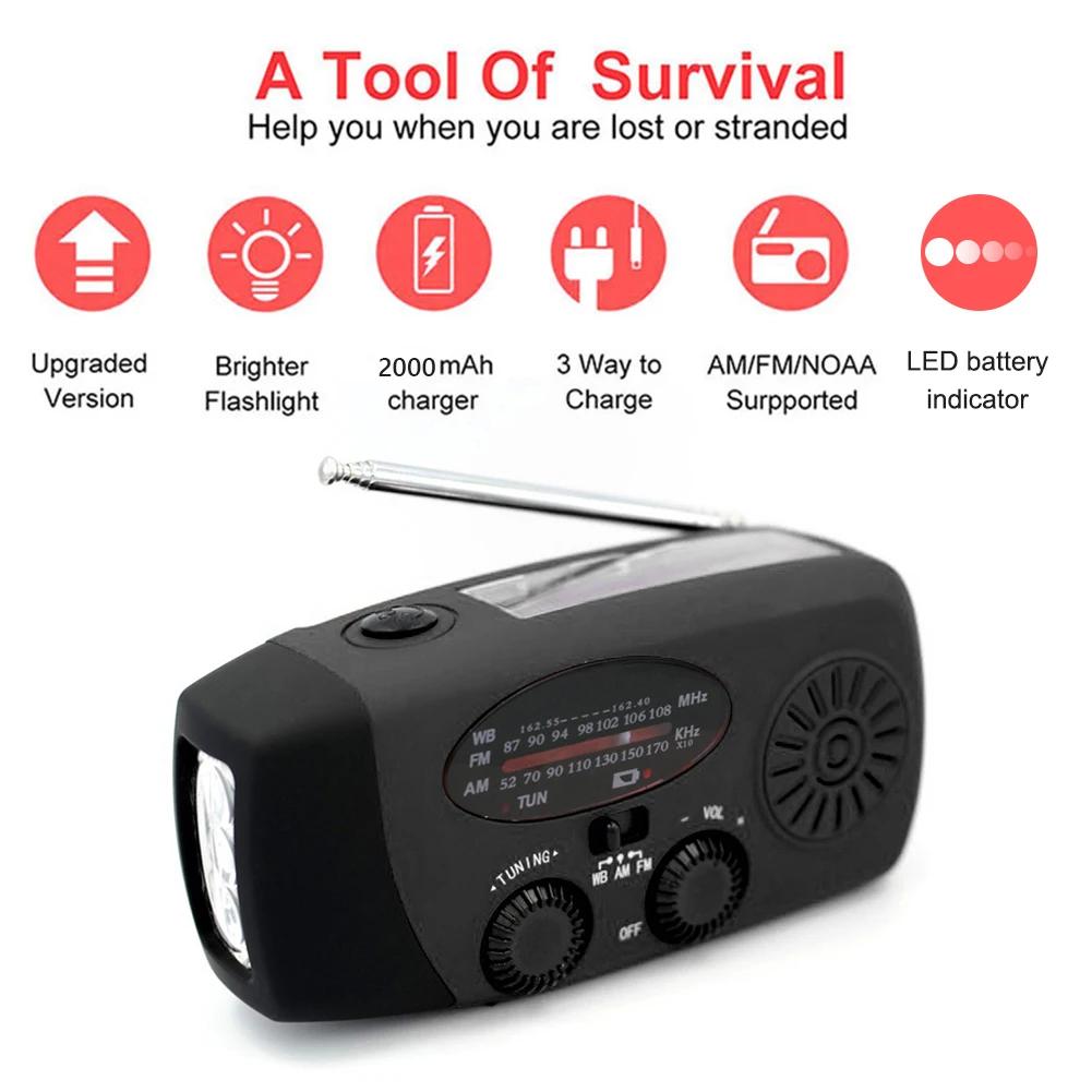 Multifunctional Solar Hand Crank Radio FM AM WB NOAA Weather Radio 2000mAh USB Charging Emergency LED Flashlight Power Bank