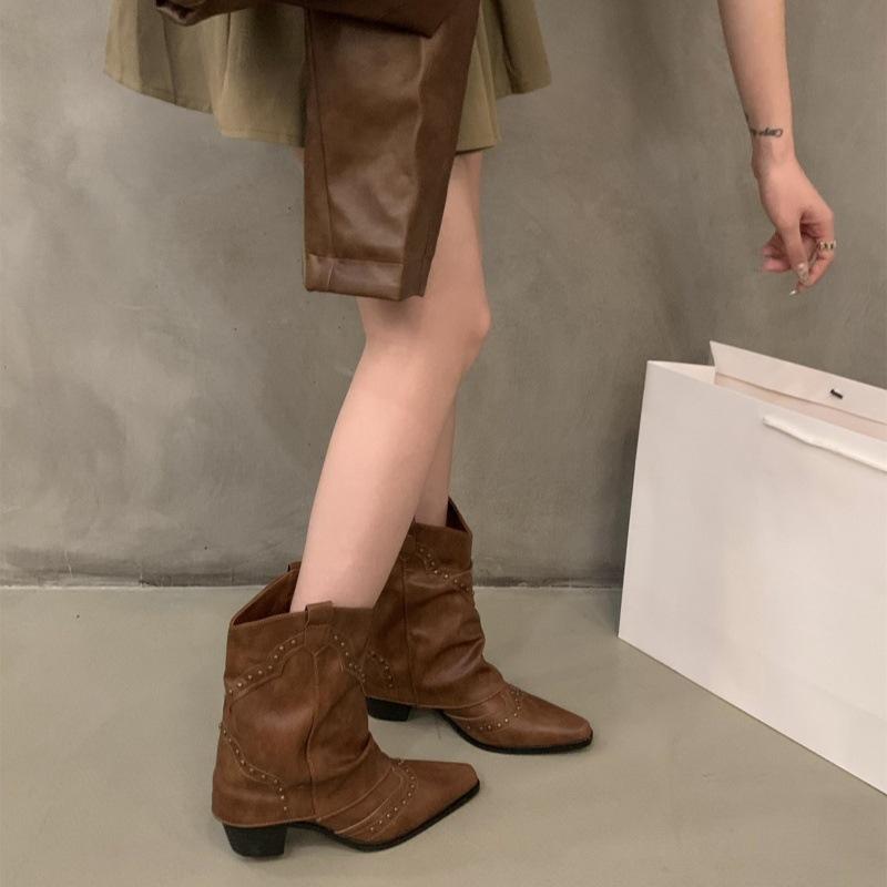 

Coarse heel pointed western cowboy boots women s boots 2025 new thin short boots autumn and winter single boots brown Martin boots 40 коричневый