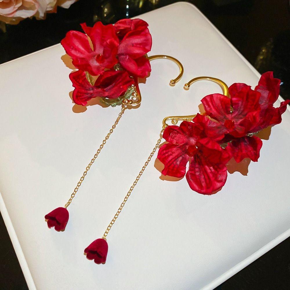 Sweet Gold Color Ear Hanging Red Flower Tassel Jewelry Accessories  for Women Girls