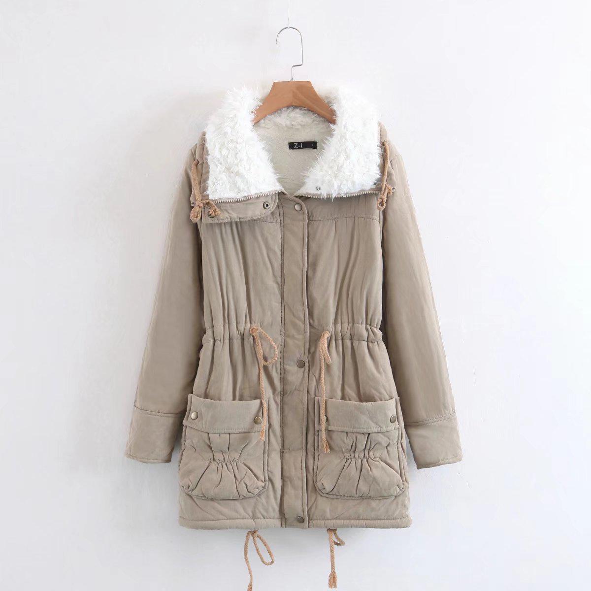 

Winter clothing new medium and long slim peach skin velvet cotton coat drawstring waist lamb wool warm coat women S хаки
