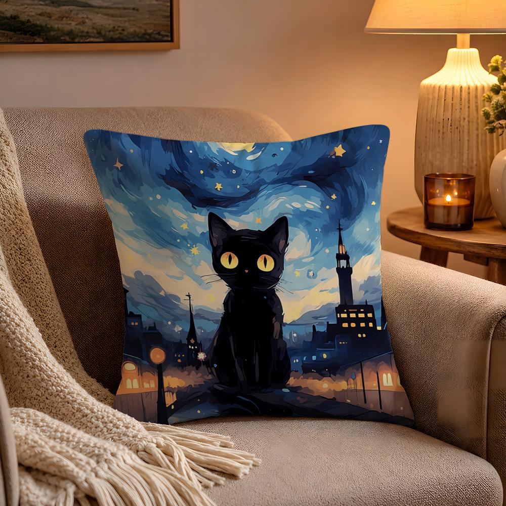 Anime Starry Sky Art cat Pillow Case Soft Plush Cushion Cover Double Print and Invisible Zipper for Sofa Home Car Use