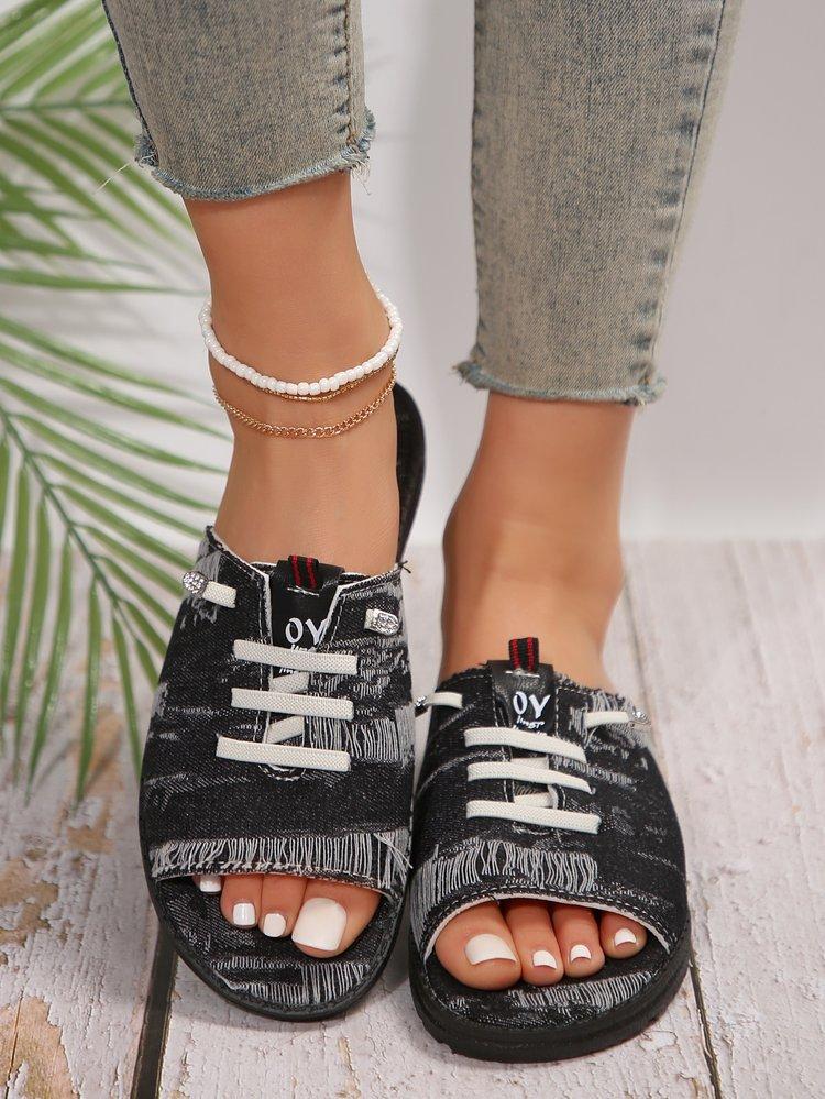 

Летние женские парусиновые шлепанцы с кисточками на плоской подошве, простые полушлепанцы 36 чёрный