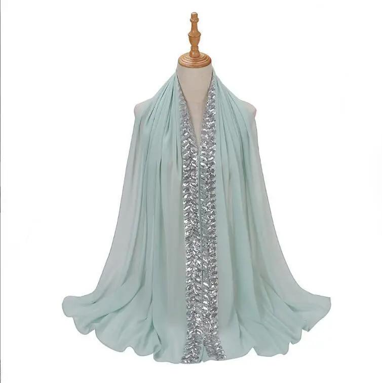High Quality Pearls Chiffon Scarf Muslim Women Sequins Hijab Headwrap Arab Plain Turban Shawls Hair Accessories 175*70cm