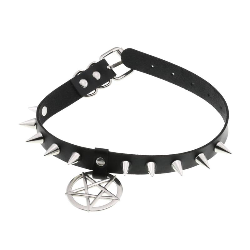 Spiked Choker Necklace PU Leather Goth Choker Collar with Pentagrams Pendant Punk Rock Collar Adjustable for Women Men
