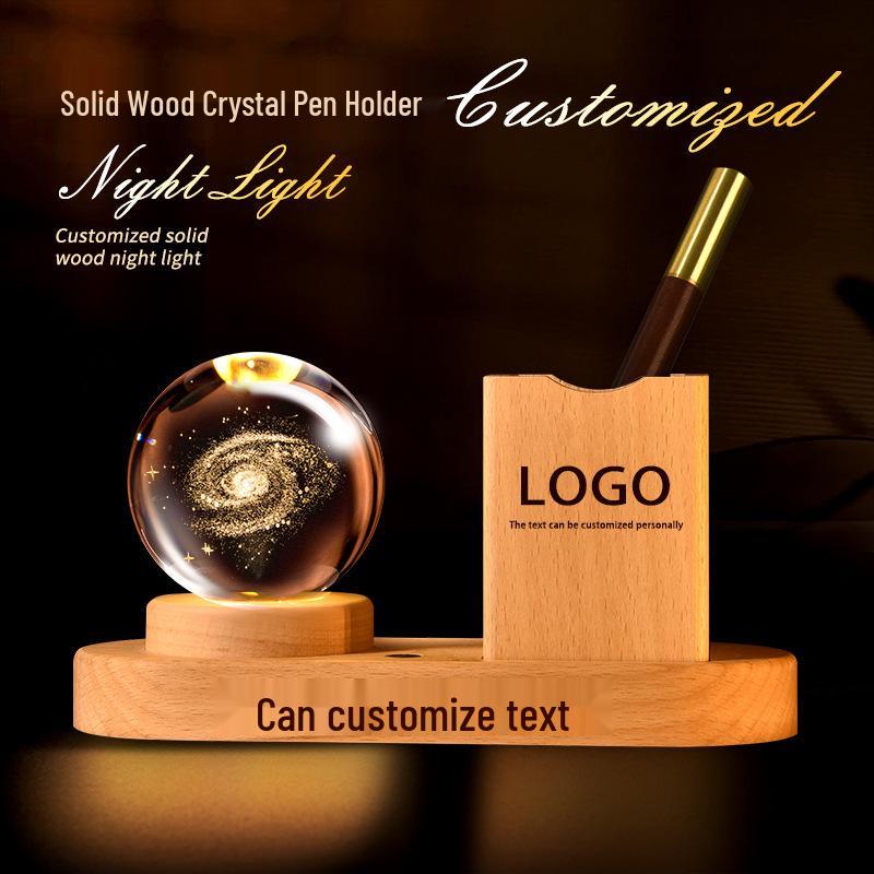 Solid Wood Crystal Ball Pen Holder Night Light - Feng Shui Desktop Ornament & Birthday Gift Single Crystal Ball (no pen holder)