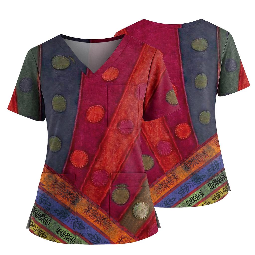 Women's Casual Printed V-Neck Pocket Side Slit Short Sleeved Top Short Sleeved Top