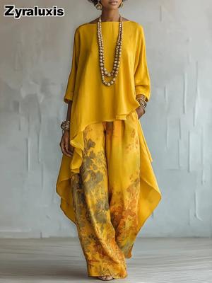 Solid Color Top Wide Leg Pants Set Women's Casual Two Piece Outfit