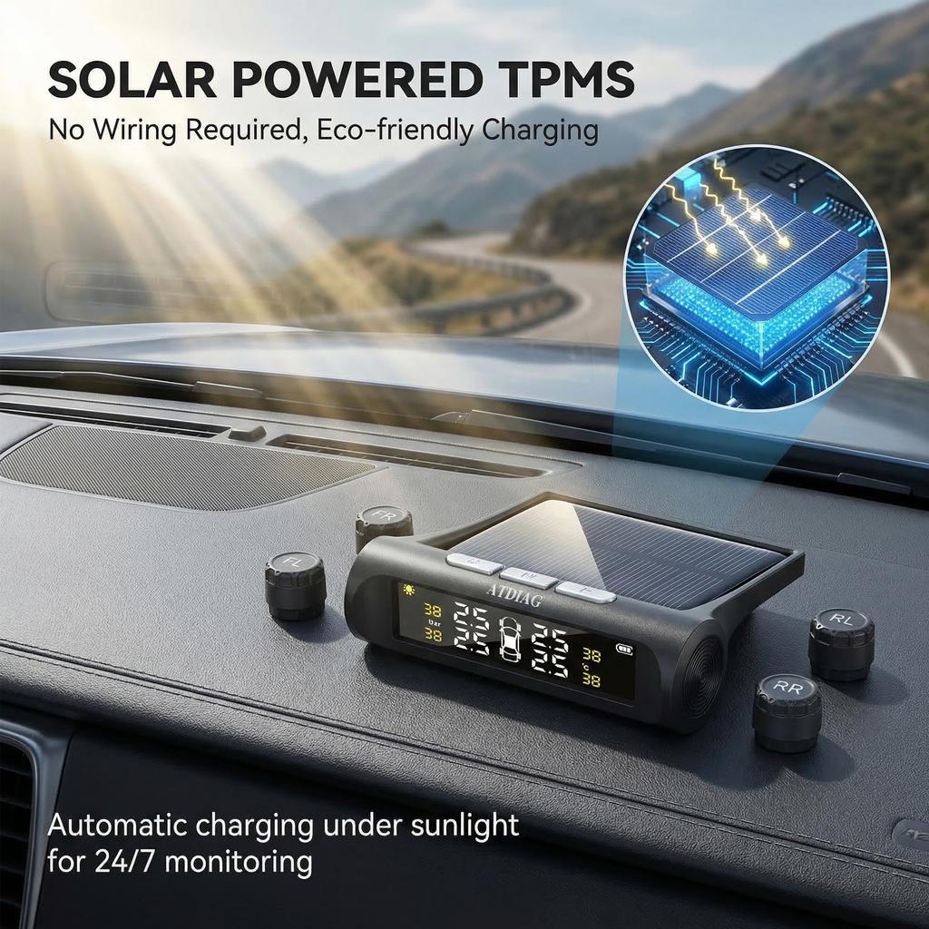 Tire Pressure Monitoring System Wireless Solar Powered with 4 External Sensors, Real-Time LCD Display, 6 Alarm Modes for RV Trailer Truck SUV