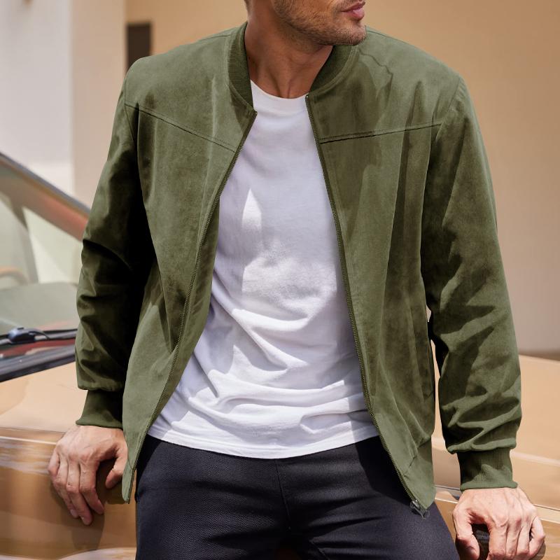 Men's Suede Nap Fabric Casual Jacket Round Neck Zipper Solid Color Sport Bomber Jacket Casual Edition Sports and Golf Fashion