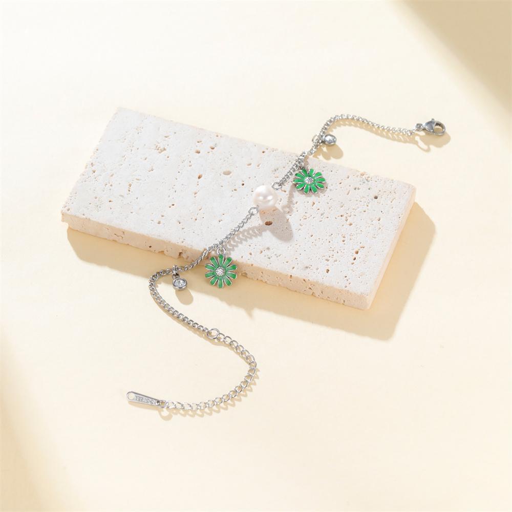 Daisy Flower Enamel Charms Bracelets Girls Imitation Pearl frangipani Plumeria Spring Summer Hand Chain Jewelry Stainless Steel