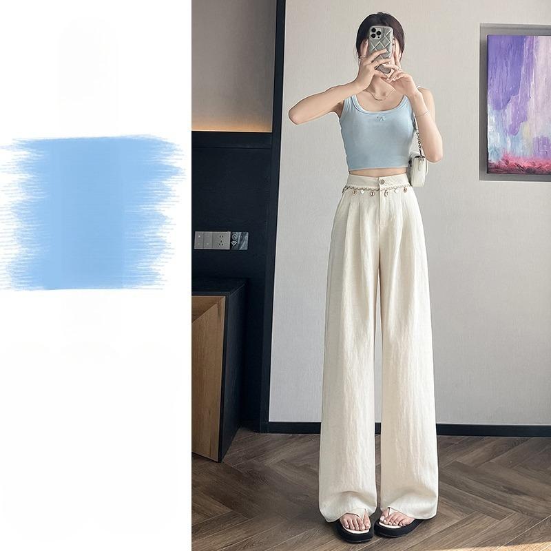 Women s High Waist Loose Casual Trousers Summer Tencel Linen Ice Silk Wide Leg Straight Pants for Women S