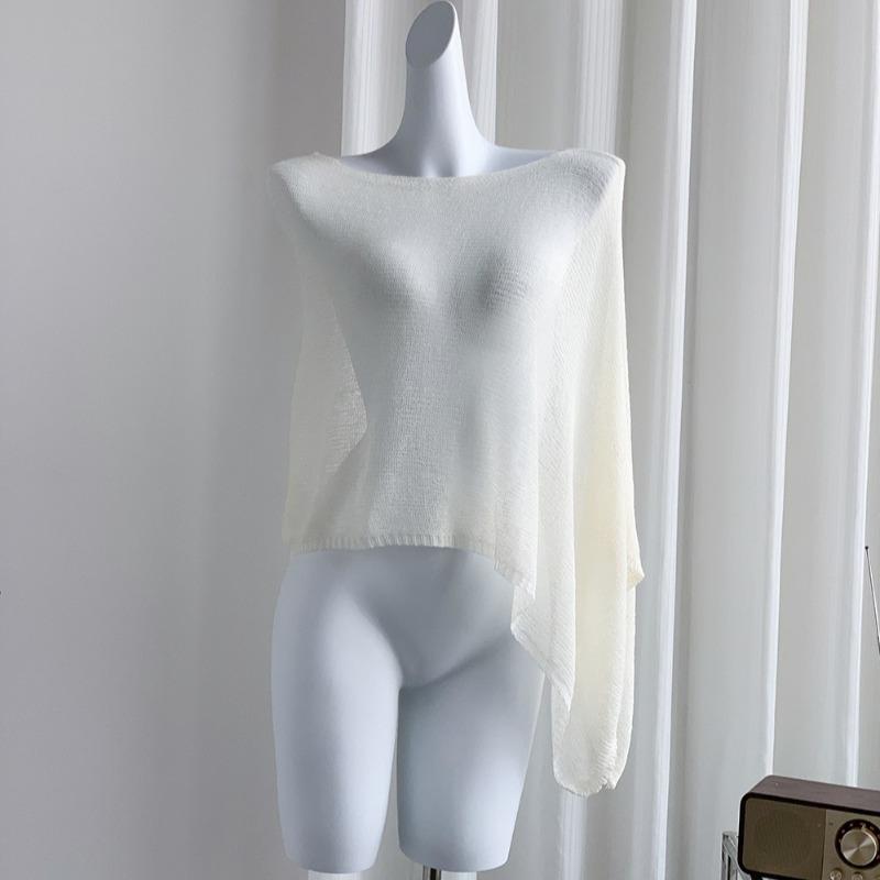 New Irregular Cape Shawl Sunscreen Shirt Women's Spring and Summer Loose Cover Up Thin Ice Silk Knitted See Through Top Casual Simple Solid Clothing