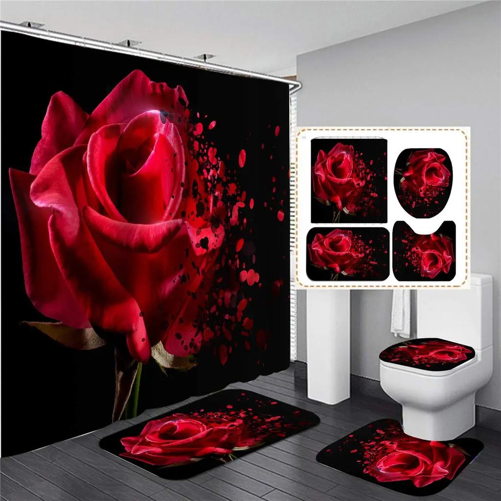 Red Rose Flowers Bathroom Curtains Black Fabric Shower Curtain Set Bath Mats Rugs Toilet Lid Cover Anti-Skid Carpet Home Decor
