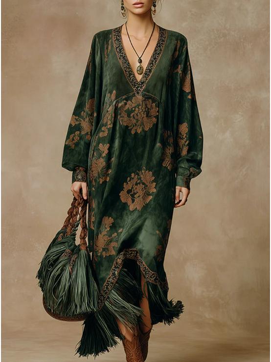 Retro Green Tassel Print Faux Suede Skirt S зелёный