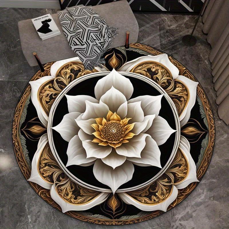 

Round Crystal Velvet Rug Lotus Mandala Design Black Gold White Elegant Living Room Bedroom Floor Decor Artistic Home Decoration 60cm x 60cm