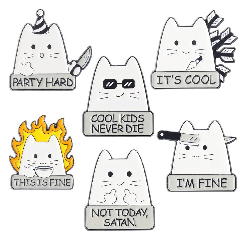Cute Cat 4-6pcs/Set Enamel Pins Black Fluid Cat Brooches Lapel Badge Punk Animal Jewelry Gift for Friends