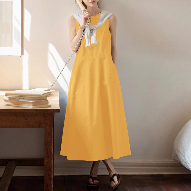 

ZANZEA Женское летнее повседневное платье с круглым вырезом, свободное, без рукавов, длинное 5XL