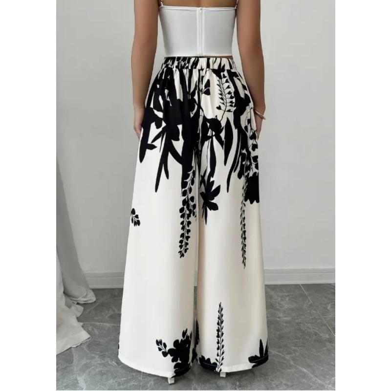 Damen Schwarzer Tinte Blumenmuster Weites Bein Hosen Elastisch Hohe Taille Seidiger Satin Palazzo Hosen Sommerurlaub Lässig Locker Lange Hosen