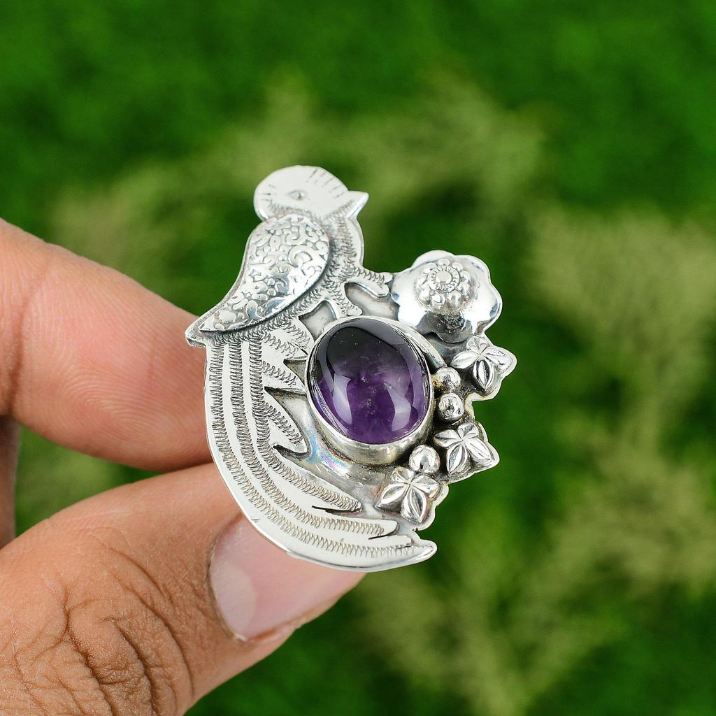 Natural African Amethyst 925 Silver Statement Bird Adjustable Ring For Women