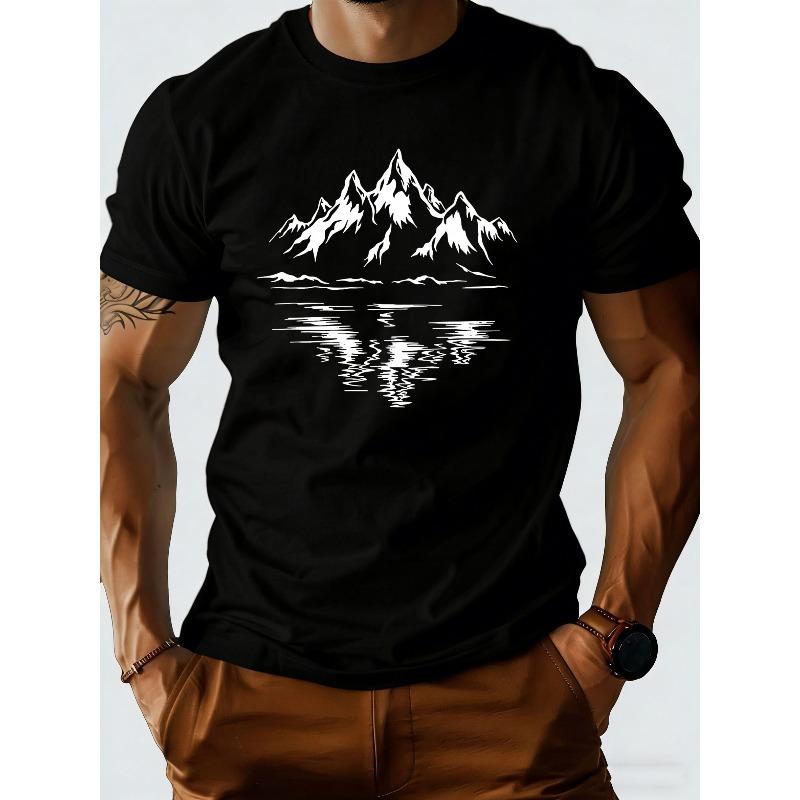 European sizes Men S Landscape Reflection Snow Mountain Print T-Shirt Summer Quick-Drying Breathable Slim Fit Round Neck Outdoor Style S