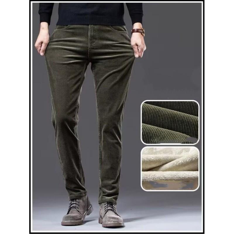 Pánské zimní polstrované business kalhoty jednobarevné pruhované ležérní rovné manšestrové kalhoty