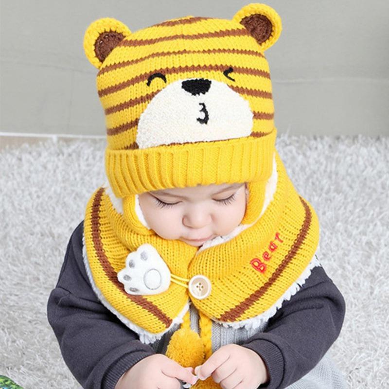Winter Kids Baby Girls Boys Cartoon Bear Stripe Knit Hat Cap Woolen Yarn Scarf  Hat Keep Warm Set For Outdoor