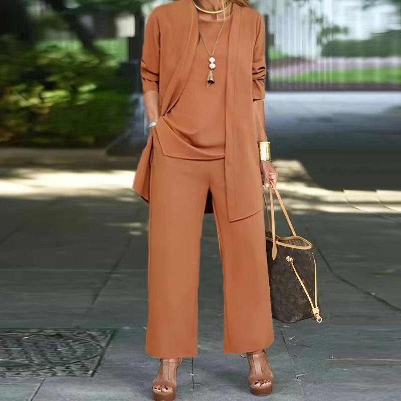 Casual O Neck Vest Cardigan Three Piece Set Elegant Solid Color Loose Pants Outfit Autumn Winter Fashion Women Long Sleeved Suit