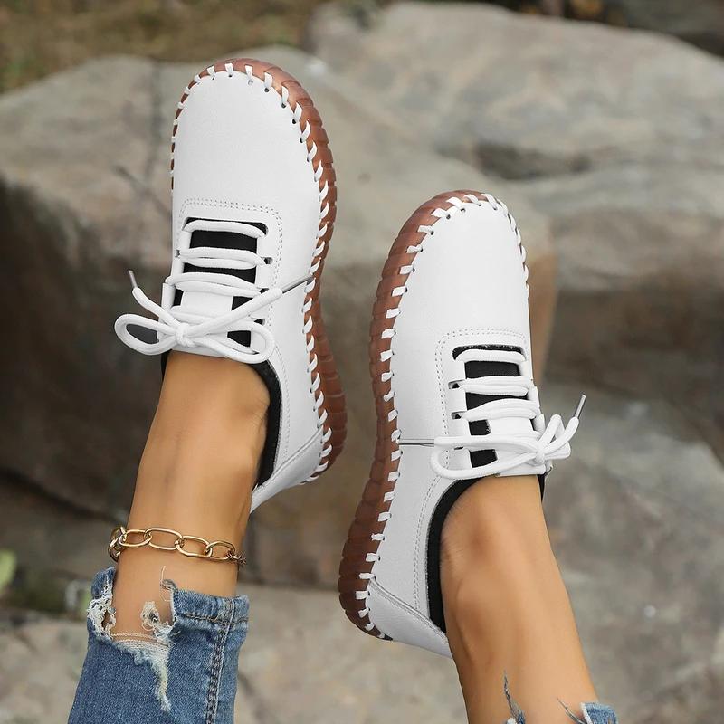 Fashion 2024 Newest Woman Flats Casual Sew Oxford Shoes Female Lace Up Leather Single Shoes Comfortable Moccasins Loafer Shoes Plus Size