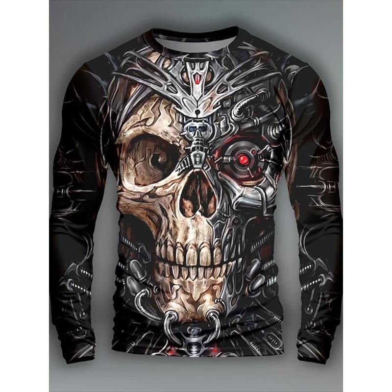 Summer Round Neck 3D Skull Pattern Printed Top, Fashionable and Casual Men's Long Sleeved T-shirts