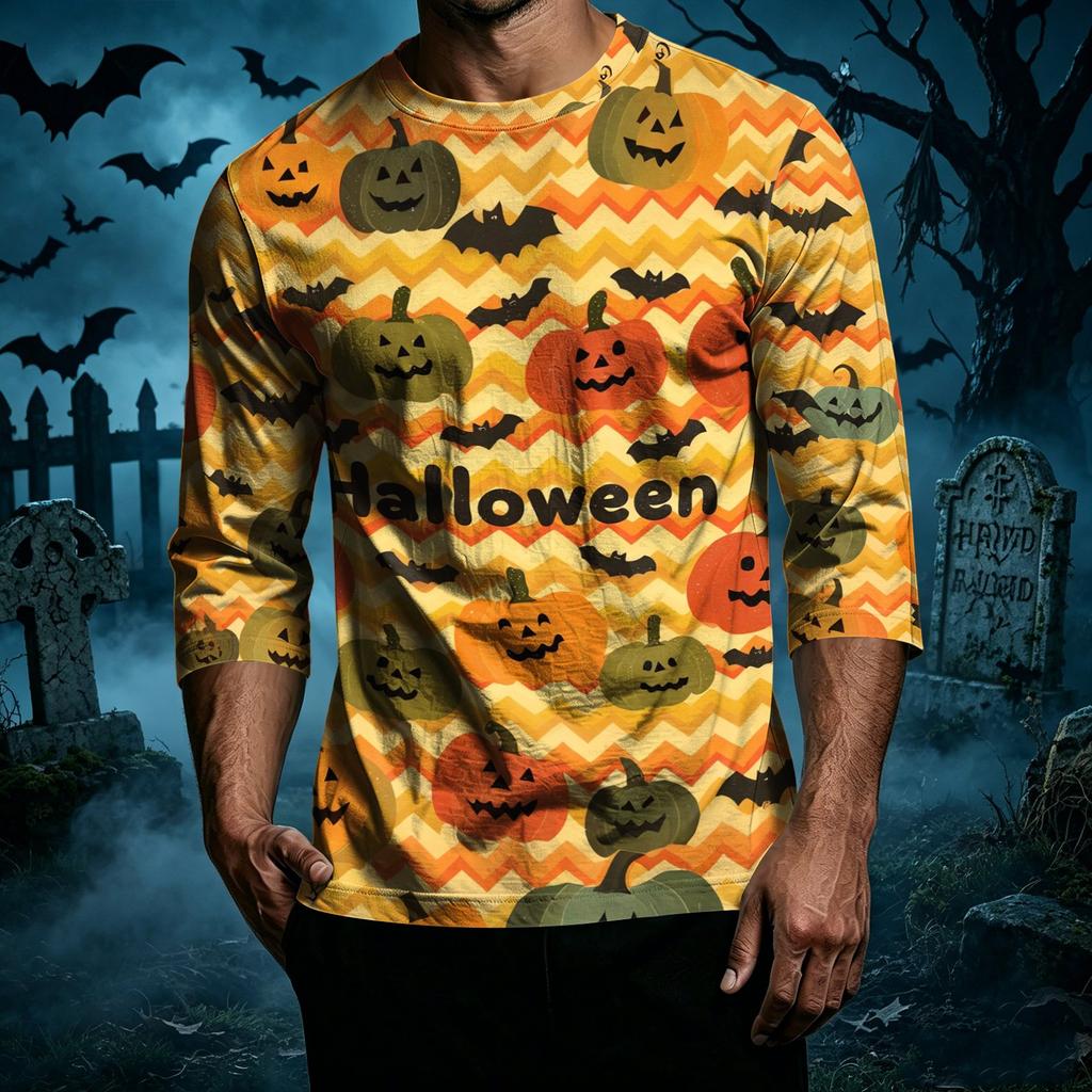 Men's Casual Halloween Printed Crew Neck T-Shirt Three Quarter Sleeve Top Lightweight Comfortable Fit for Everyday Wear