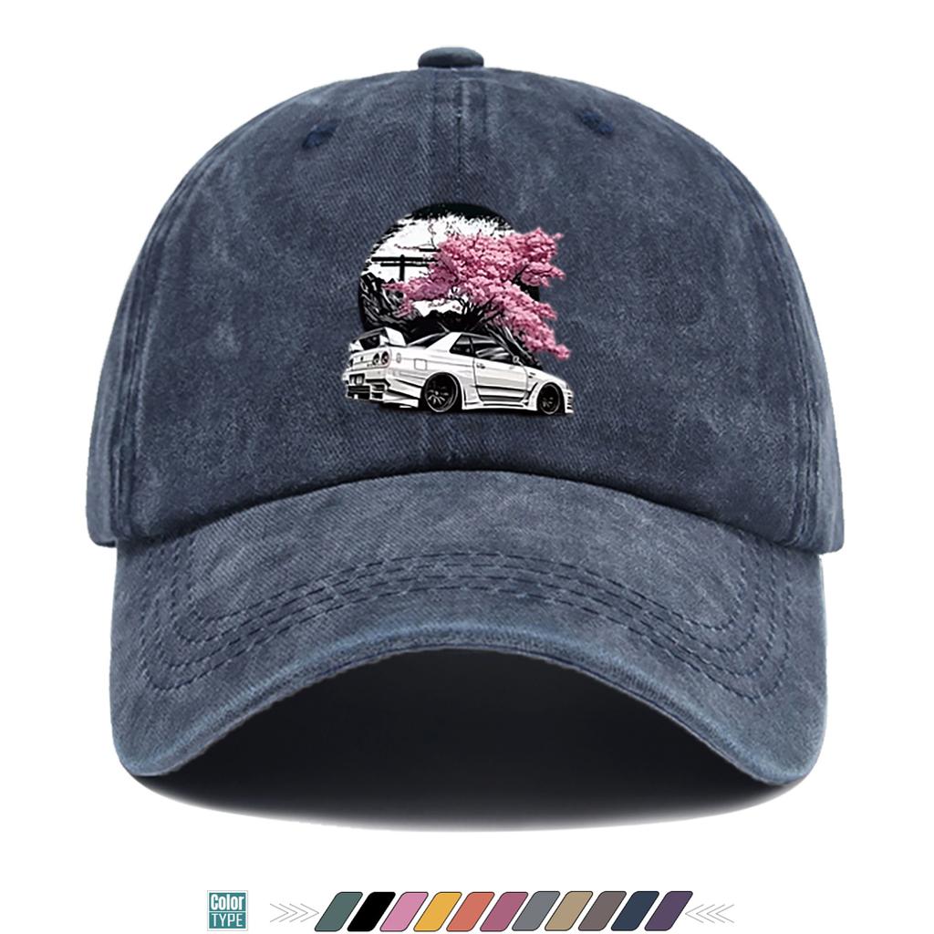 pc Cherry Blossom White Sports Car Print Baseball Cap Adjustable Snapback Hat Suitable for Streetwear Car Culture Road Tr