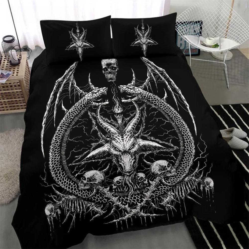 Skull Skeleton Satanic Goat Skull Duvet Cover Set Trophy Demon Breed Bedding Sets Night Blue Pink Satanic Baphomet Quilt Cover