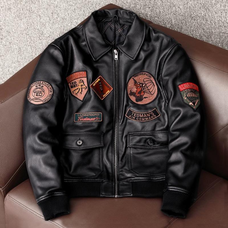 Genuine Sheepskin Leather Jacket for Men Faux Fur Collar Quilted Lined Stylish Bomber Flight Coat