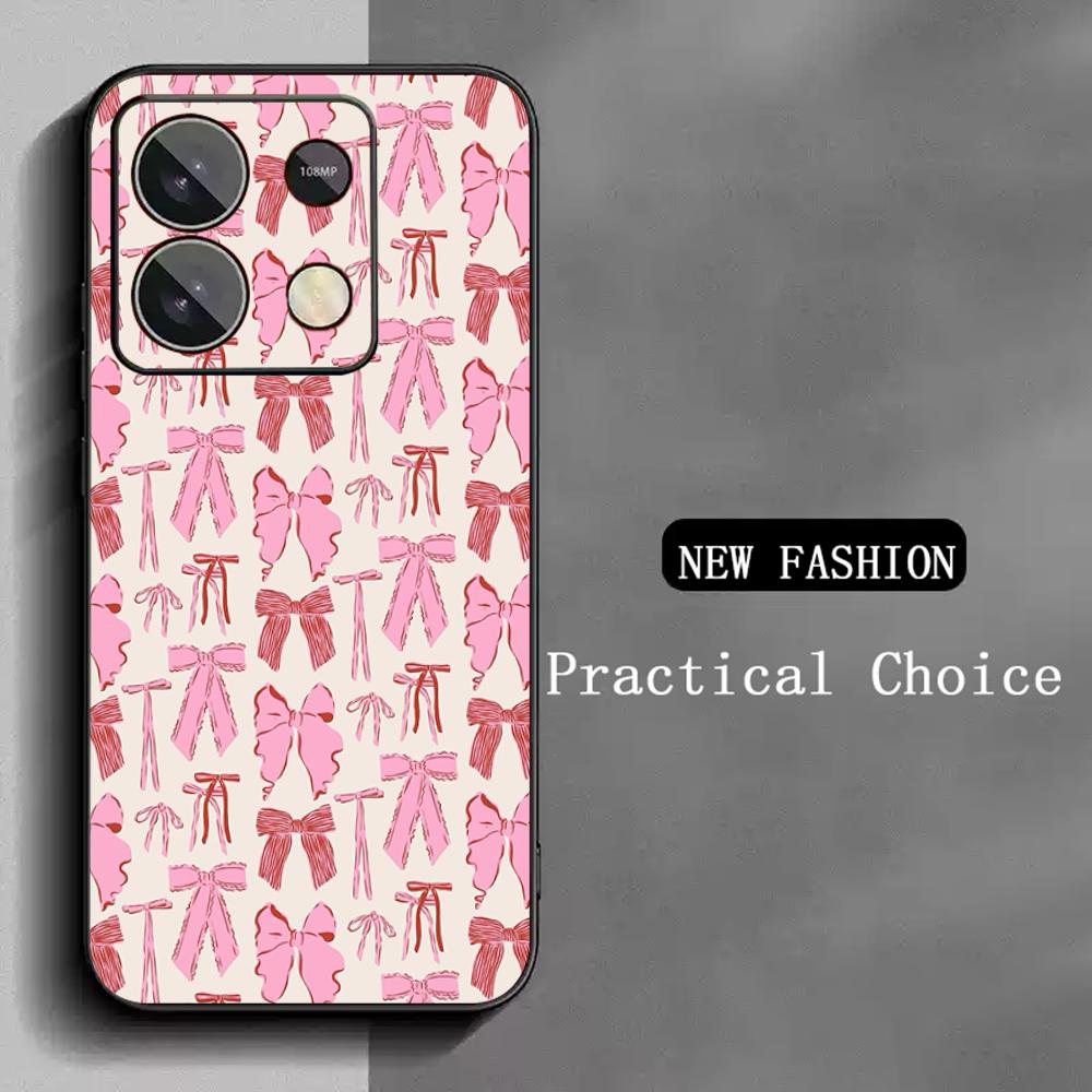 Bow Cute Pink Design Ins Girl Phone Case For Redmi Note 14 13 12 11 Pro Plus S 5G 14C A3 Soft Black Phone Cover