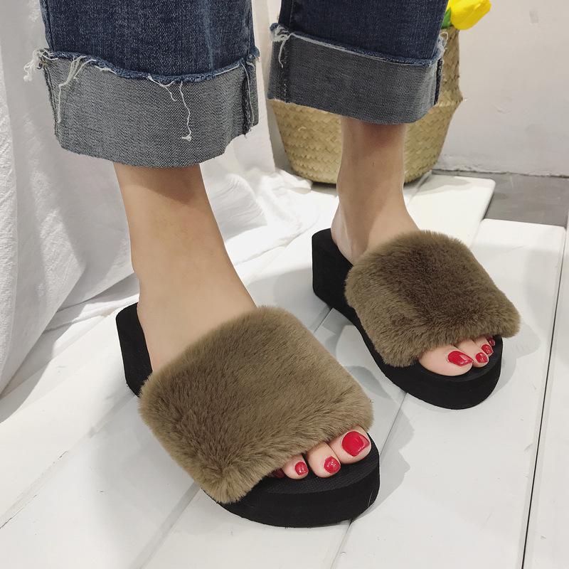 Autumn/Winter Korean Style Women's Thick-Soled Furry Wedge Heel Slippers - One-Strap Outdoor Casual Cotton Design