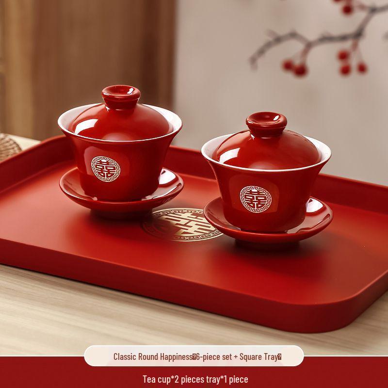 Wedding Tea & Chopstick Set: Red Bowls for Toasting & Happy Celebrations.