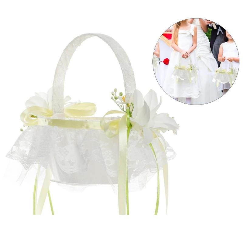 Elgant Wedding Ceremony Flower Basket Flower Girl Basket with Lace Wrapped Easy To Hold Handle Flower Basket for Bride