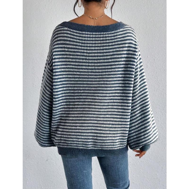 Loose Fit Striped Off Shoulder Lantern Sleeve Pullover Sweater