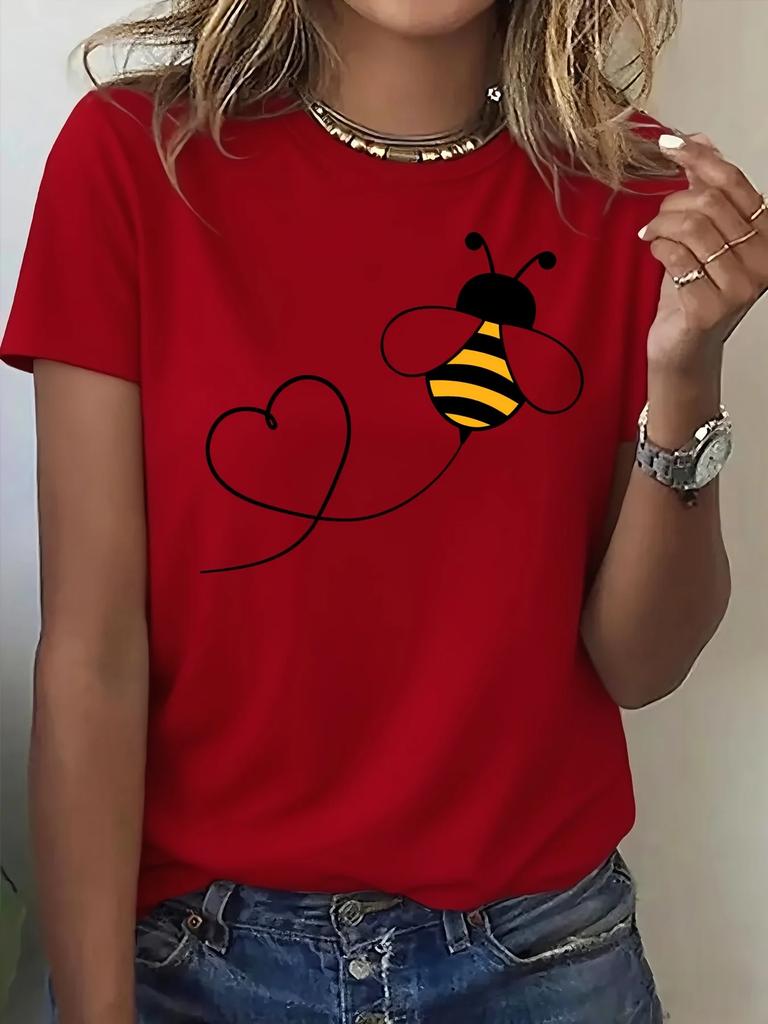 Damen Lässiges Sportliches T-Shirt mit Niedlichem Bienen- & Herz-Design Harajuku Ärmel Lässige Kleidung Street Tops T-Shirts Ästhetische Kleidung