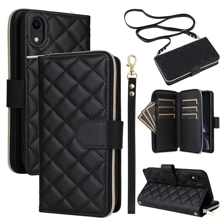 

For iPhone XR Case Zipper Wallet Rhombus Leather Crossbody Phone Cover