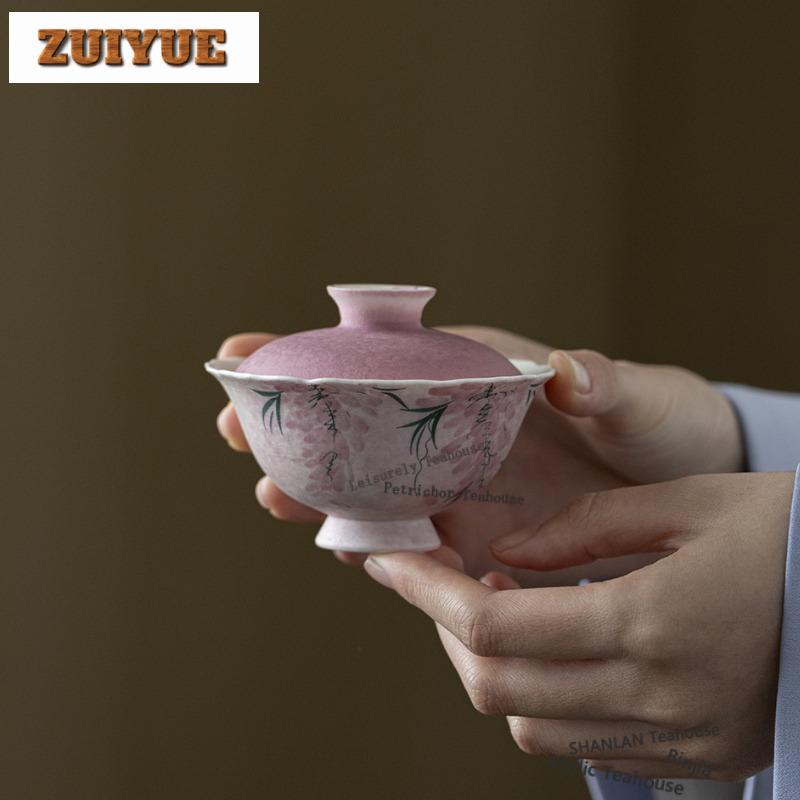 100ml Hand-painted Wisteria Gaiwan Aesthetic Tea Tureen Tea Bowl With Lid Kit Tea Maker Cover Bowl Cafes Accessories Collection