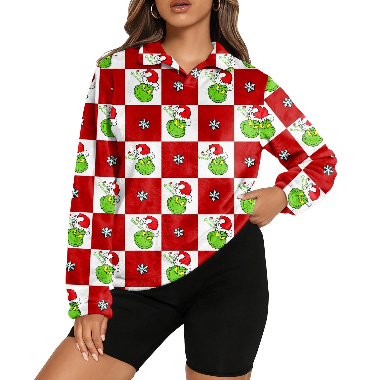 

Women s Stand Collar Pullover Long Sleeve Top Christmas Print Sports Top S