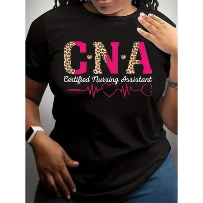 European Size Women'S CNA Graphic T-Shirt - Black with Pink Leopard Print & Heartbeat Design, Stretch Breathable Fabric Short Sleeve Crew Neck Top