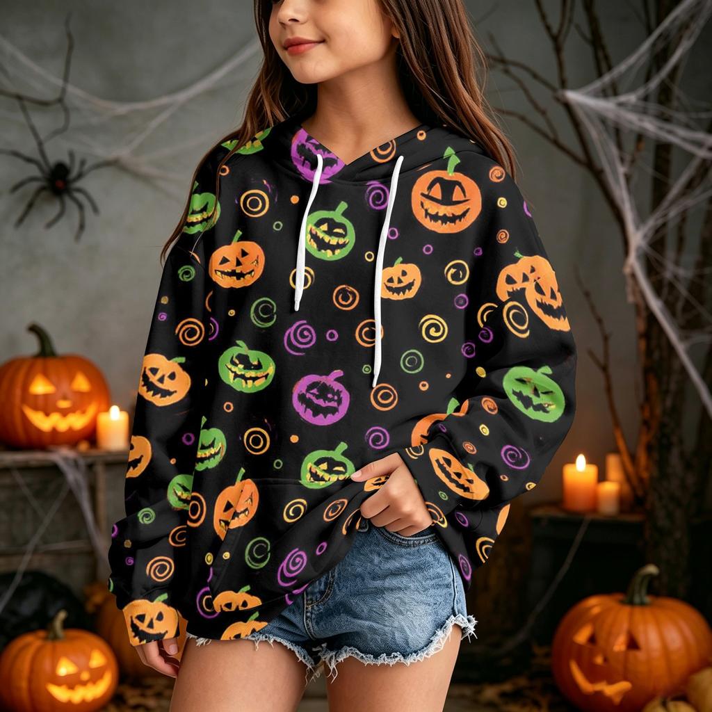 Children's Casual Hoodie with Halloween Print Pullover for Holiday Parties