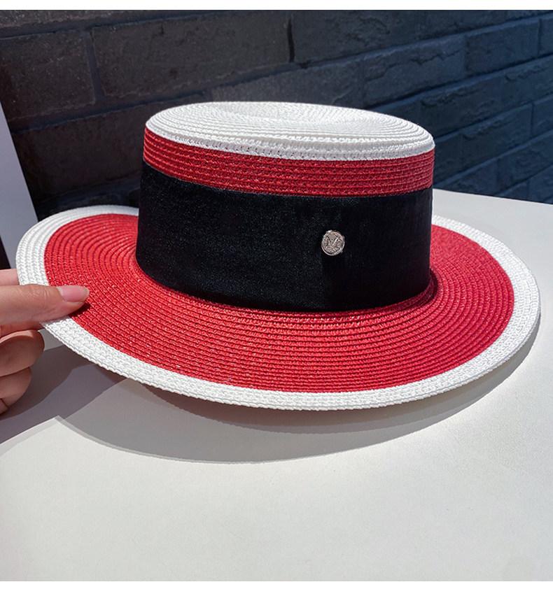 Damen Color-Block Britischer Retro Flacher Strohhut Sommer Sonnenschutz Sonnenschirm Urlaub Strand Zylinderhut