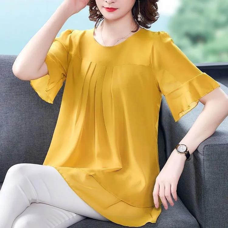 Women's Summer Short-Sleeve Chiffon Blouse Plus Size Loose-Fit Elegant Tummy-Covering Top
