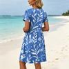 Vestito da Donna a Maniche Corte con Stampa Floreale Casual Girocollo Cravatta in Vita Tasca Mini Vestito Estivo