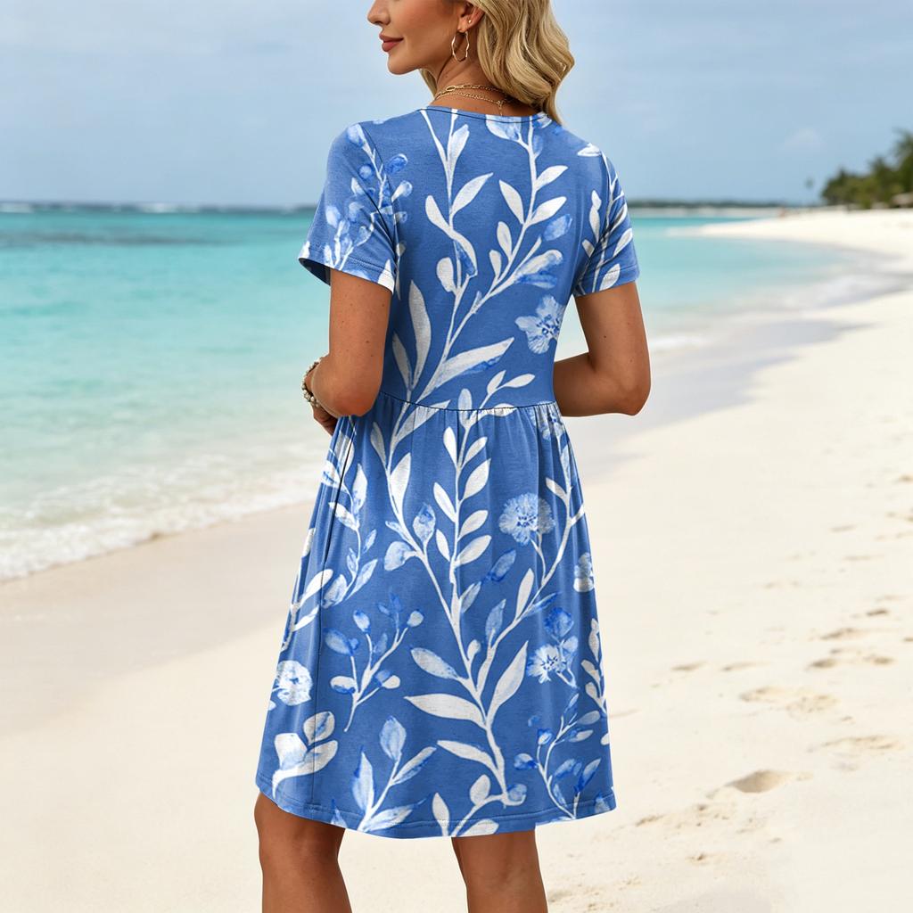 Vestito da Donna a Maniche Corte con Stampa Floreale Casual Girocollo Cravatta in Vita Tasca Mini Vestito Estivo