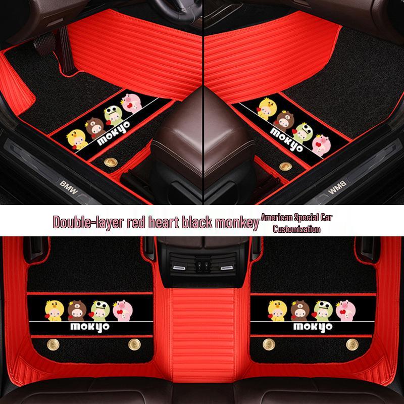 Custom Leather Car Floor Mats for Women - Cartoon Design, Double-Layer, Full Coverage